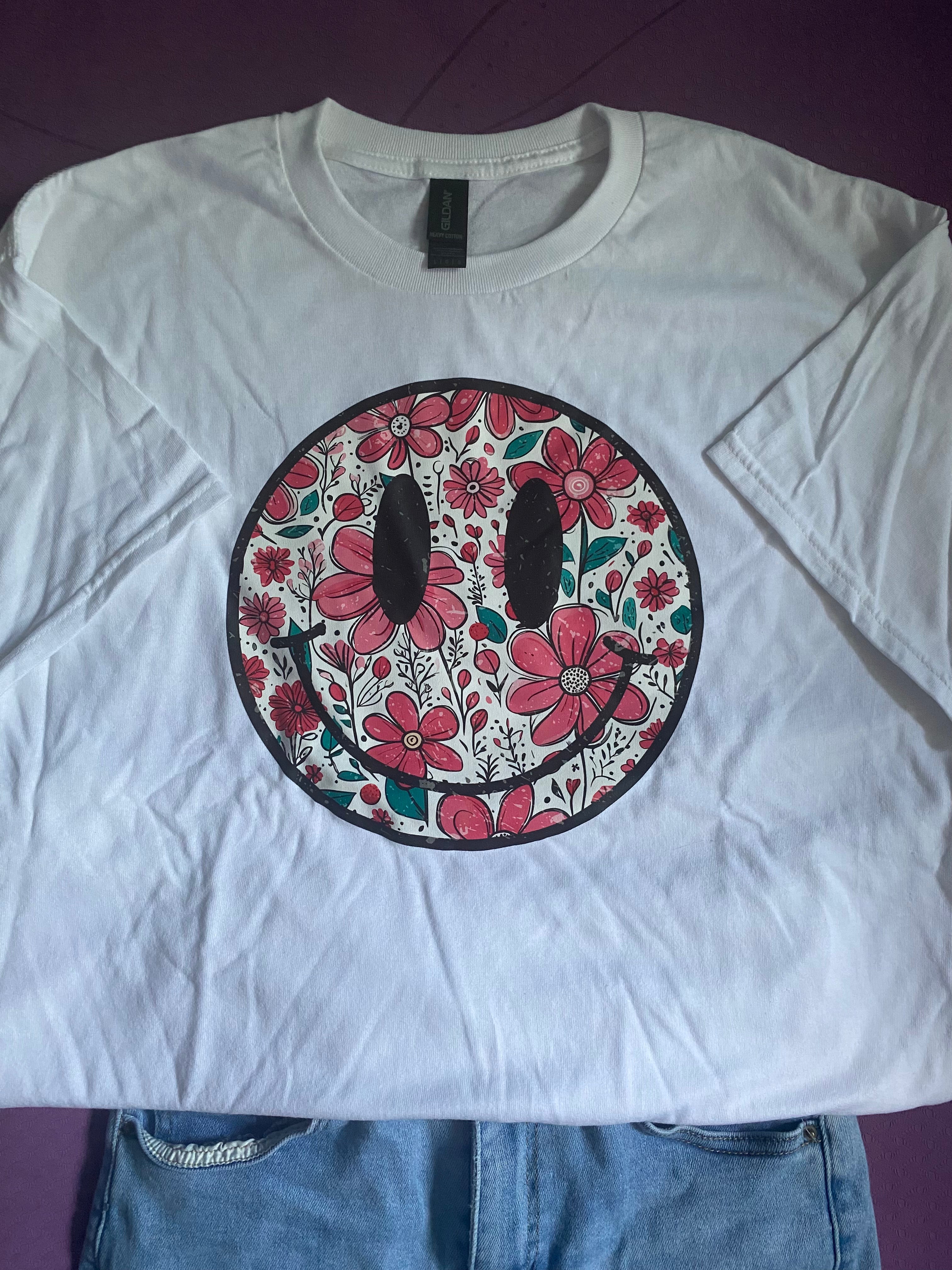 Pre-made Flower smiley heat pressed Tshirt